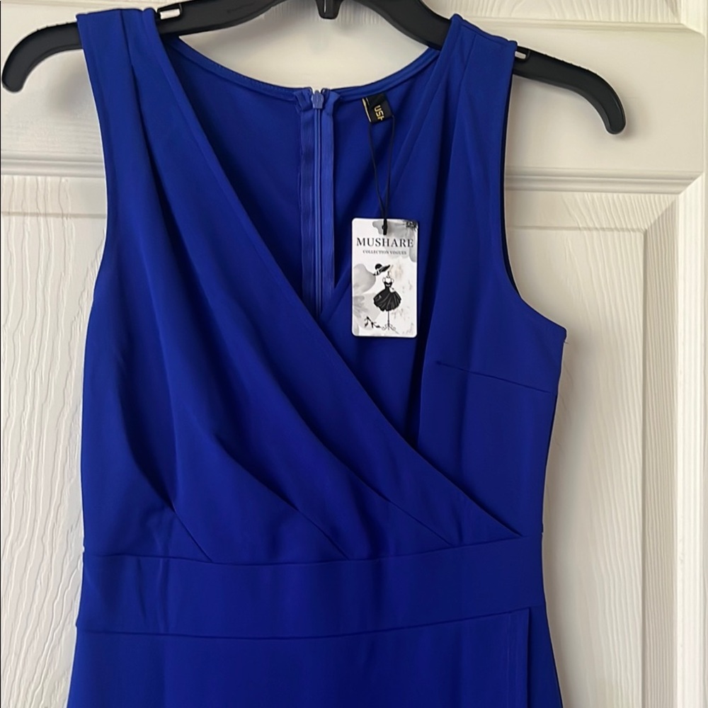 Blue Sheath Midi Dress with V-Neck Cocktail Dress